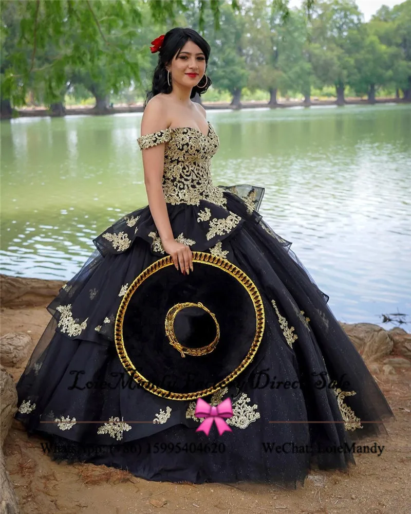 Gaun Pesta Gaun Quinceanera Hitam Gaun Panjang 2022 Seksi Bahu Terbuka Manis 16 untuk Wanita Applique Renda Emas Vestido De 15 Anos