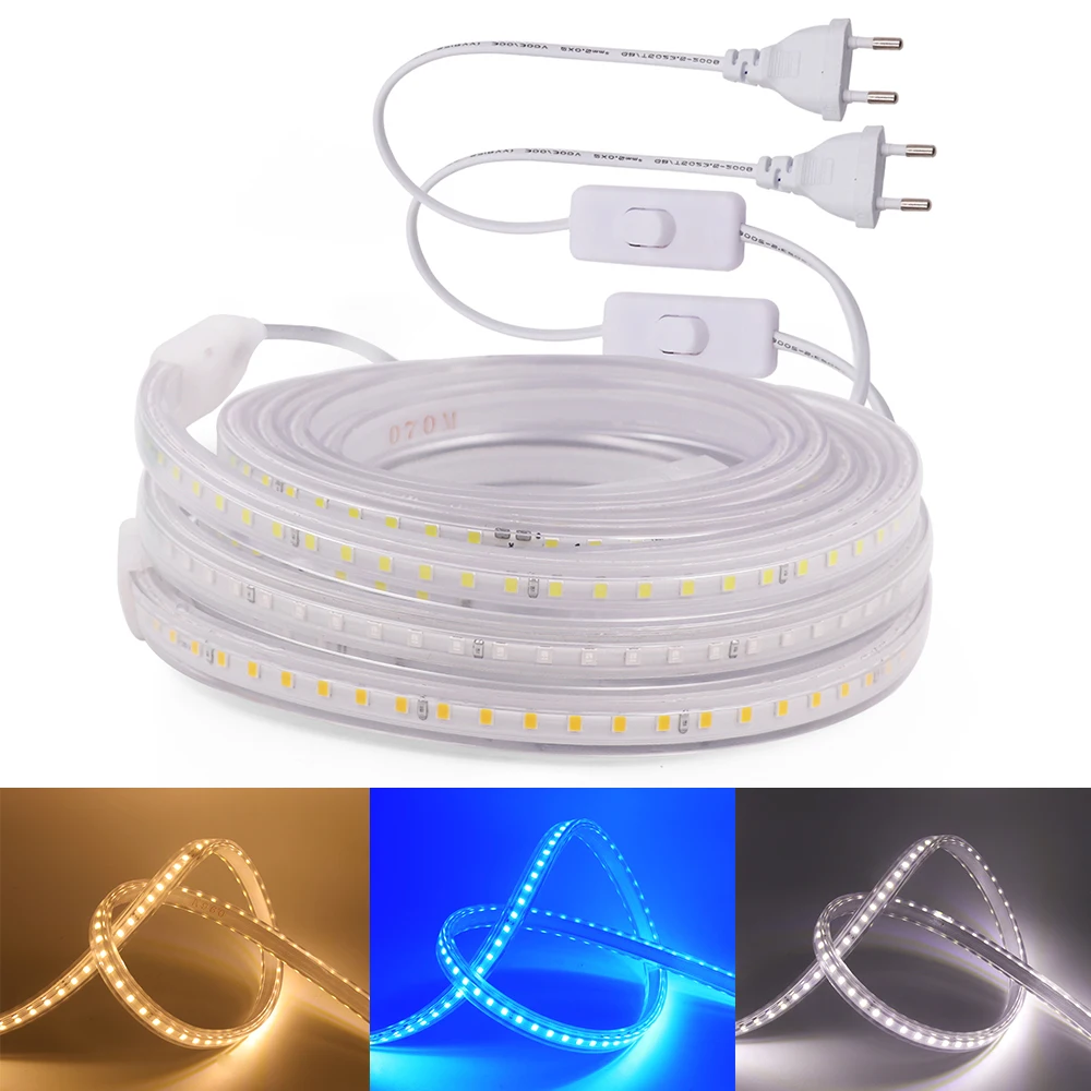 Imagem -03 - Flexível Led Strip Light com eu Switch Plug Fita Impermeável Decoração para Casa 220v Smd2835 120 Leds