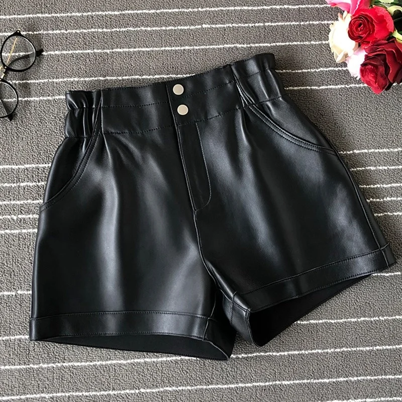 Natural 100% Sheepskin Shorts Women High Waist Wide Leg Trousers Female Streetwear Khaki Loose Fit Flare Real Leather Shorts 3XL