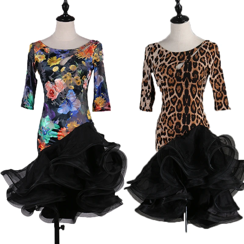 

Sexy Ladies Latin Dance Dress Leopard dress Costume Hollow round neck Suits Professional Ballroom Clothes Tango Samba