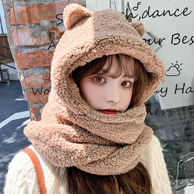 Lamb Wool Winter Beanie Hats For Women Girls Scarf Gloves One Piece Warm And Cold Ear Protection Cotton Cap Female Cute Bear Hat