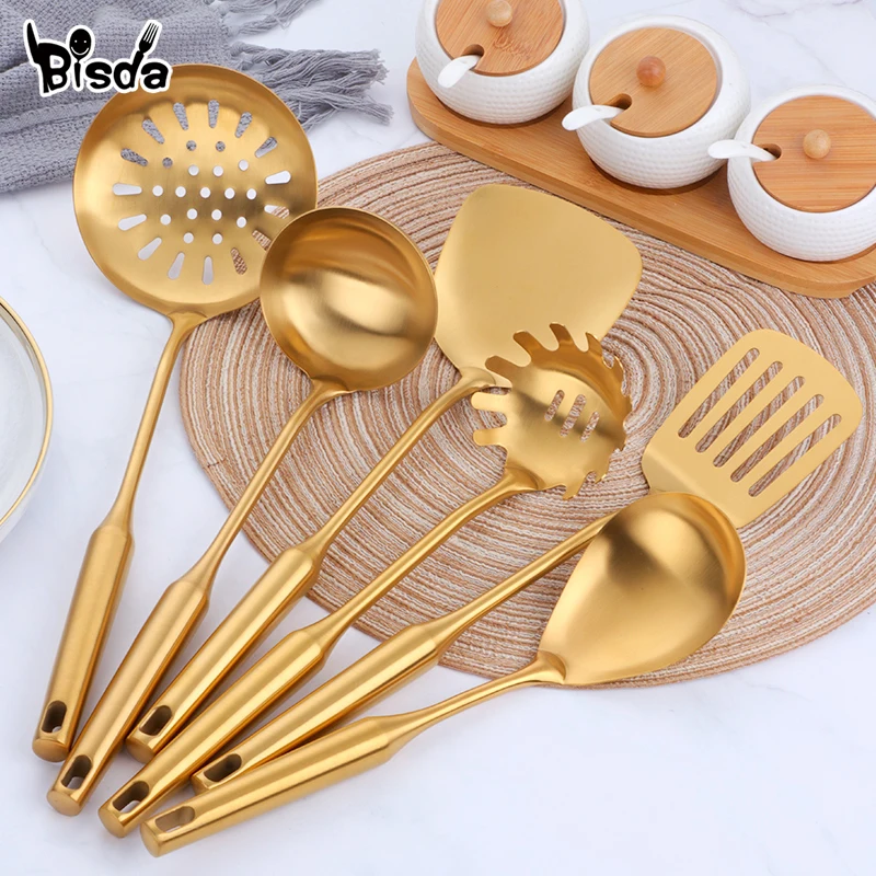 1-10PCS Stainless Steel CookwarLong Handle Set Gold Cooking Utensils Scoop Spoon Turner Ladle Cooking Tools Kitchen Utensils Set