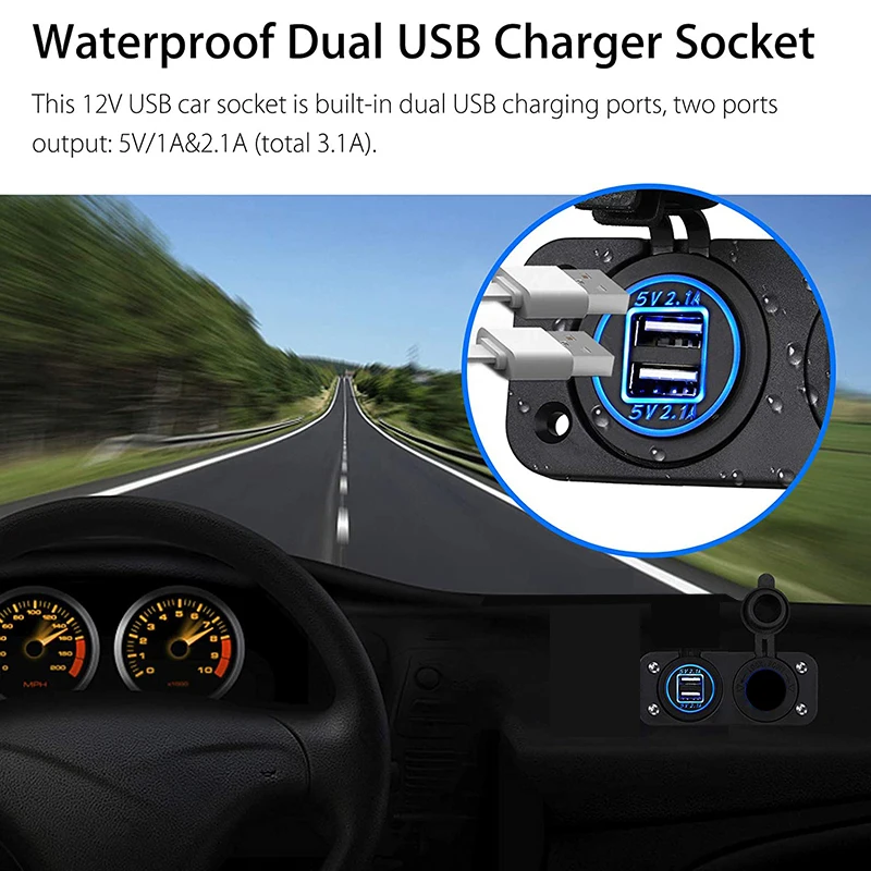 12V Marine USB Outlet Socket Panel 2 in 1 Cigarette Lighter Socket 4.2A Dual USB Ports Waterproof Charger for Car Motorcycle ATV