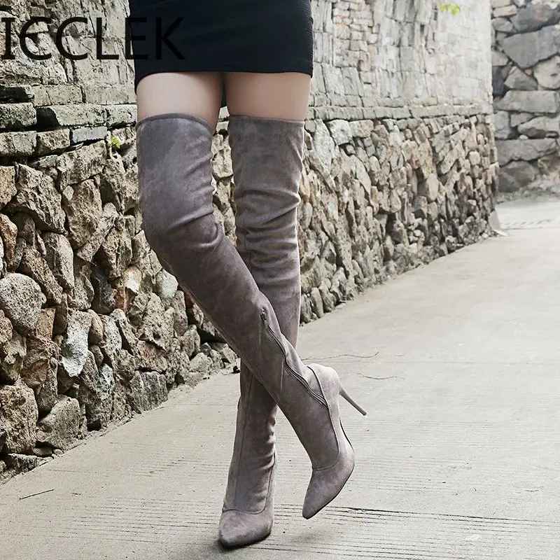 Big Size Brand High Quality Women Boots Winter Boots High Heeled Stretch Long Boots Over The Knee High Boot Black Party Shoes