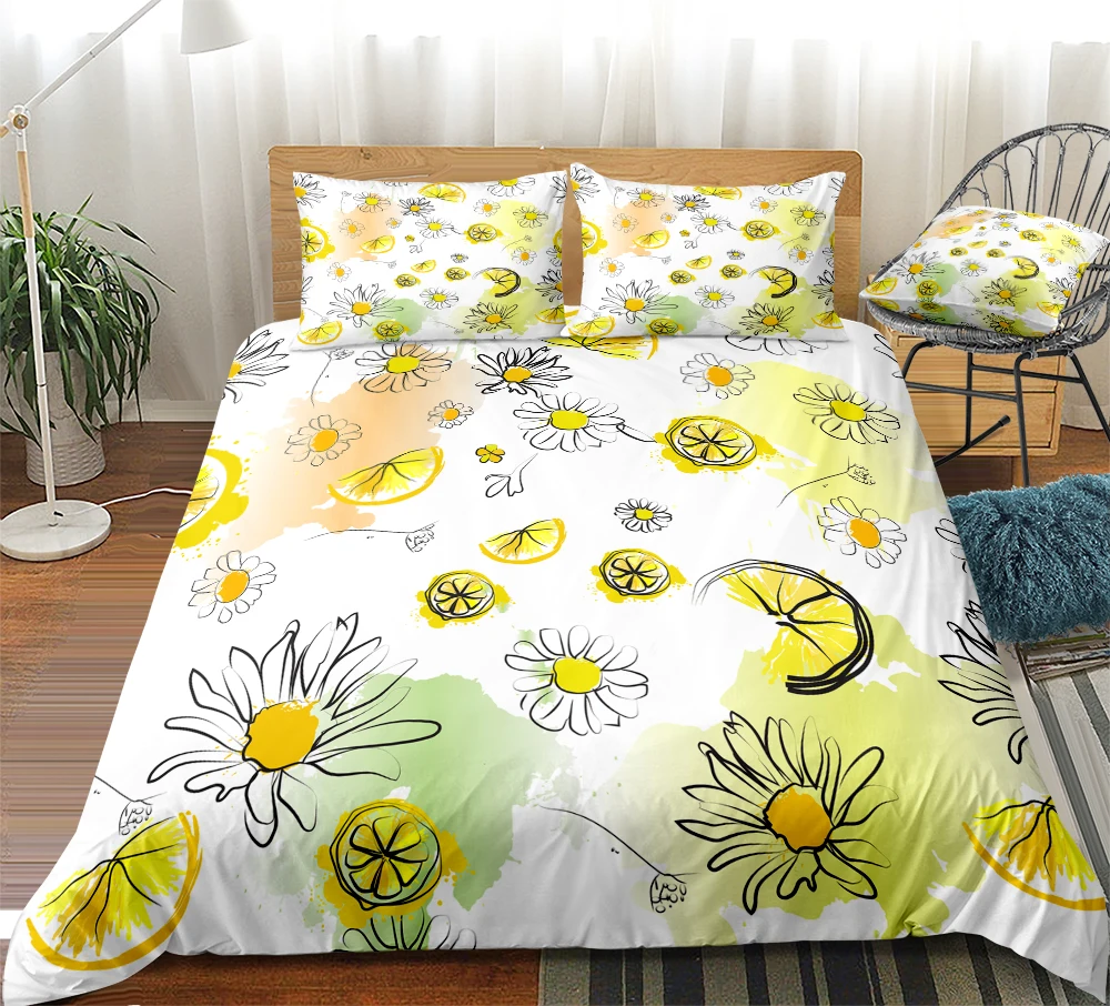 Fruit Bedding Set Yellow Lemon Duvet Cover Set Flowers Bed Set Botanical Bedspread for Kids Teens