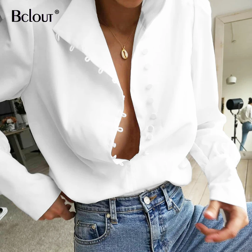 Bcolut Office Puff Sleeve White Woman Blouses Long Sleeve Stand Collar Shirt Autumn Winter Streetwear Top Work Wear Lady 2020