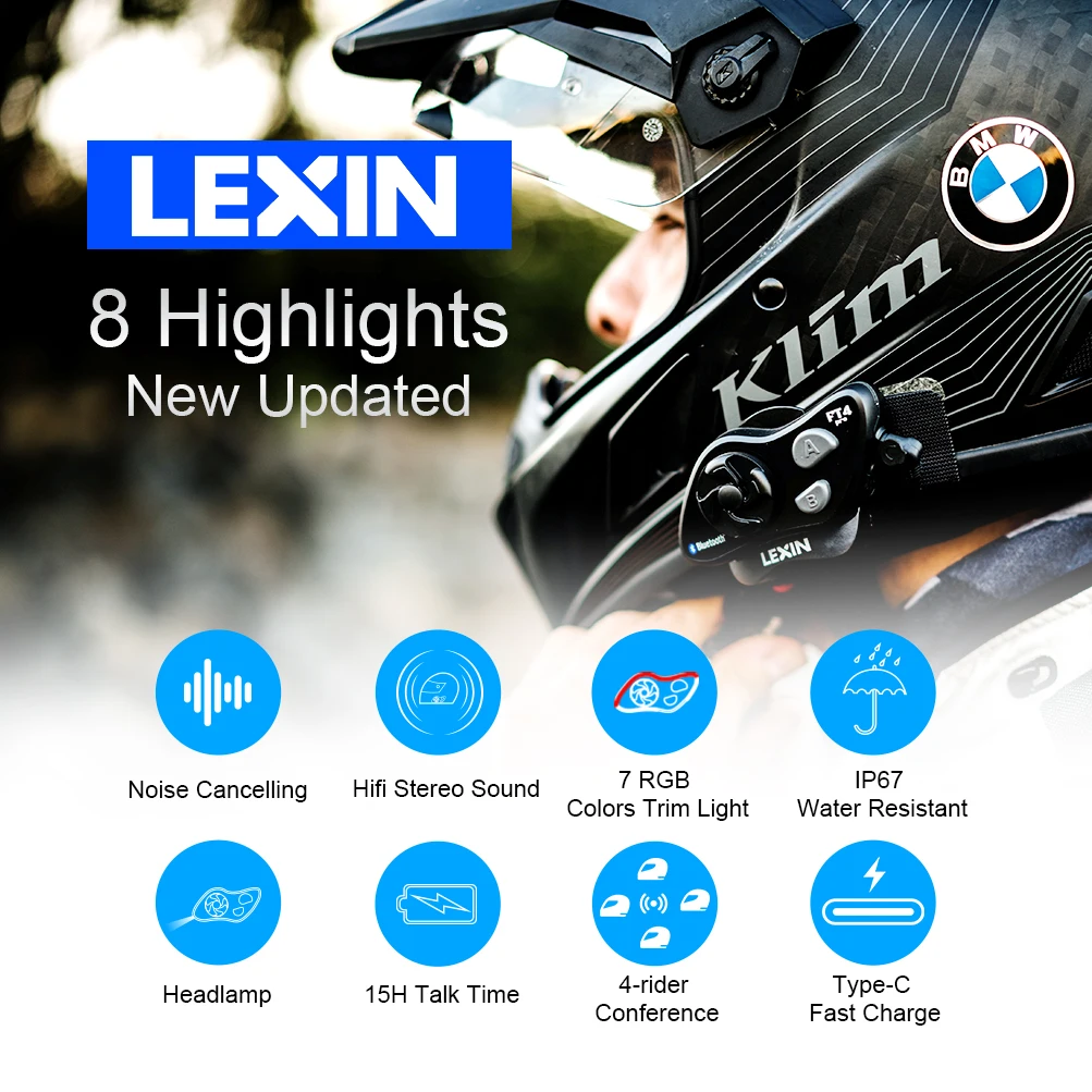 Lexin FT4 PRO Interfono Moto Casco Bluetooth Intercom Motorcycle Type-C&BT 5.0 with 7 RGB Colors Trim Light for 4 Bikers Helmet