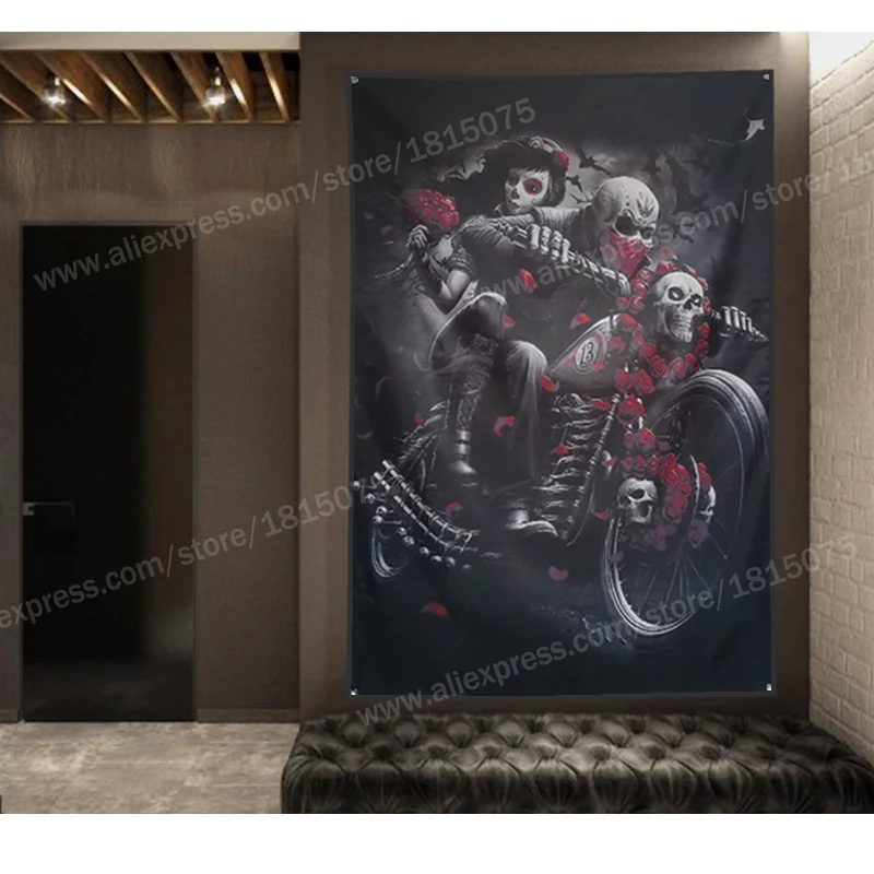 Skull Tattoo Motorcycle Biker Roses Flag Banner Sexy lady Beauty Art Home Decoration Hanging 4 Gromments in Corners 3*5FT