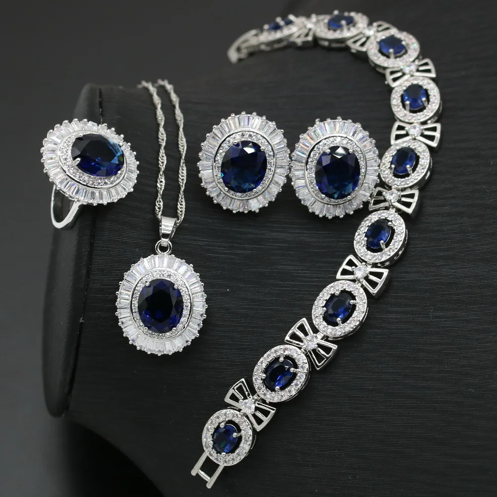 XUTAAYI Luxury Jewelry Earrings Silver Wedding Jewelry Sets For Women Blue Sapphire Bracelet Rings Bridal Pendant Necklace Set