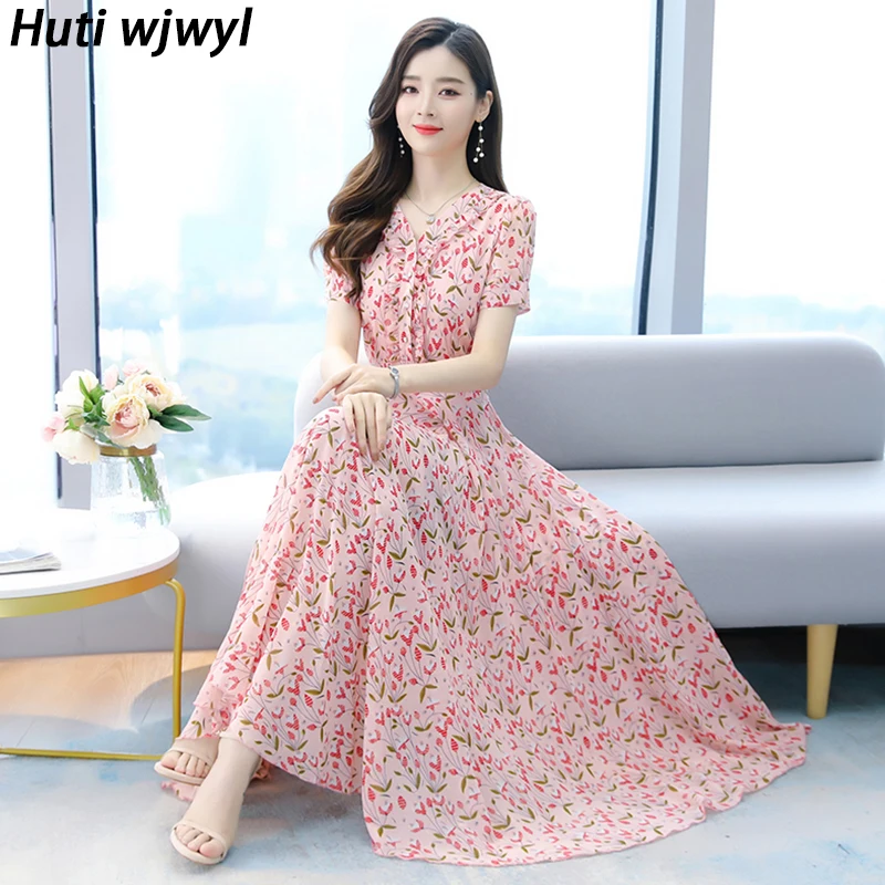 

2024 Vintage Women Bodycon Party casual Evening Vestidos Pink Beach Long Sundress Summer Floral Chiffon Boho Vacation Maxi Dress