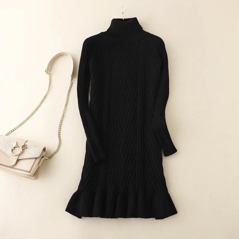 HLBCBG 2023 Autumn winter Thick Turtleneck Fishtail sweater dress women basic warm midi sweater dress female