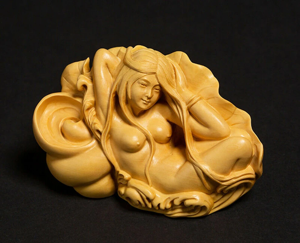 

D087ca - 8 X 7X 5.5 CM Carved Boxwood Carving Figurine : Beauty Girl on Lotus