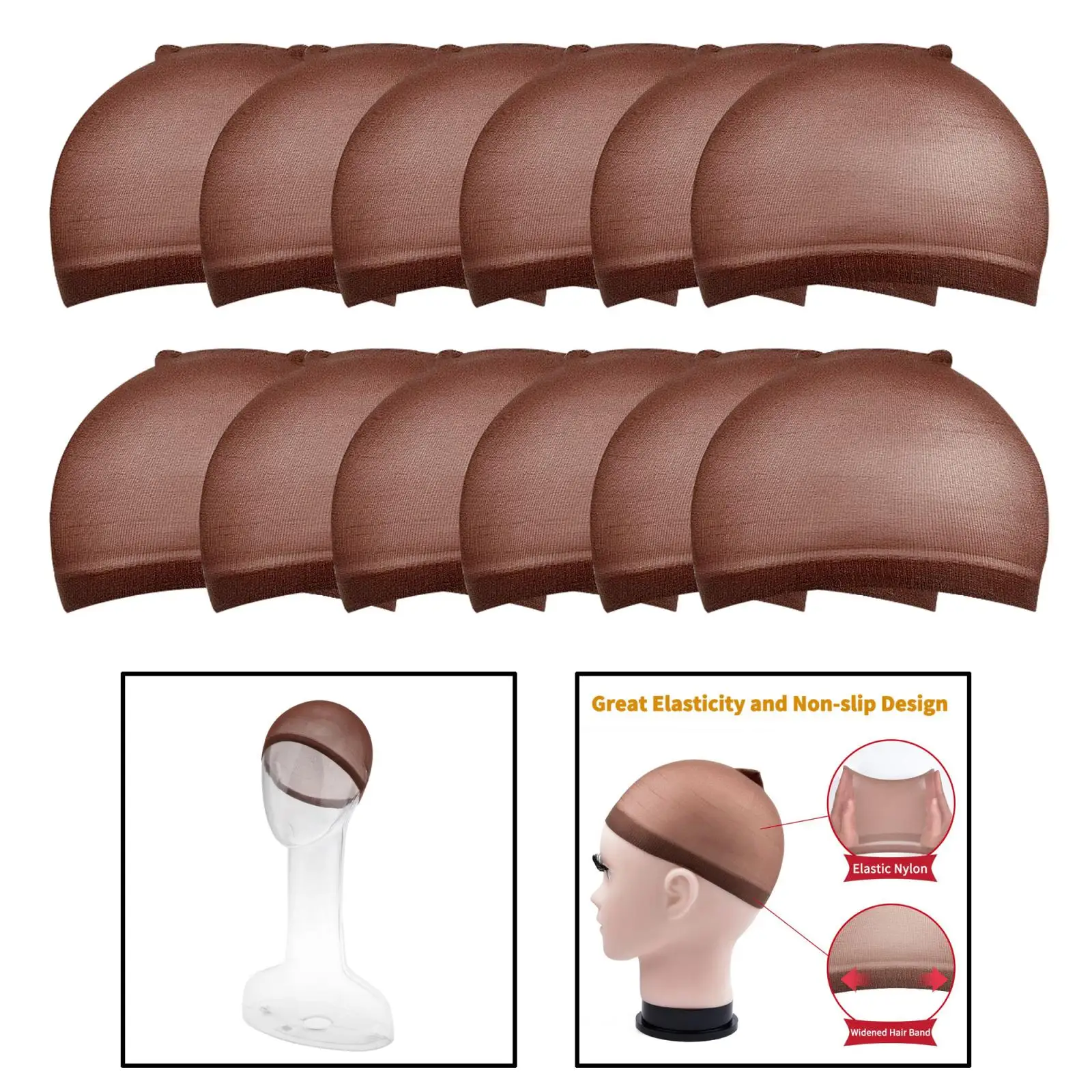 

Wig Caps,12 Pcs Coffee Dark Brown Stocking Caps for Wigs Stretchy Nylon Wig Caps Wig Caps for Women Man, Breathable