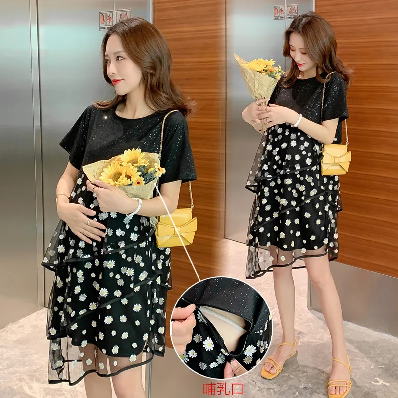 

New Maternity Clothes Irregular Mesh Dress Short Sleeve Cotton Patchwork Ruffles Floral Pregnancy Dress Pregnant Women Blouse