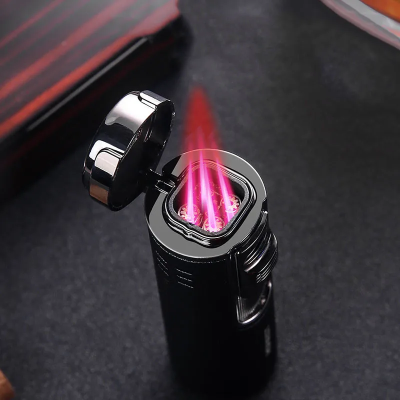 Cylindrical Metal Windproof Gas Lighter Red Flame Four Nozzle Spray Gun Multifunction Cigar Butane Lighters Cigar Drill