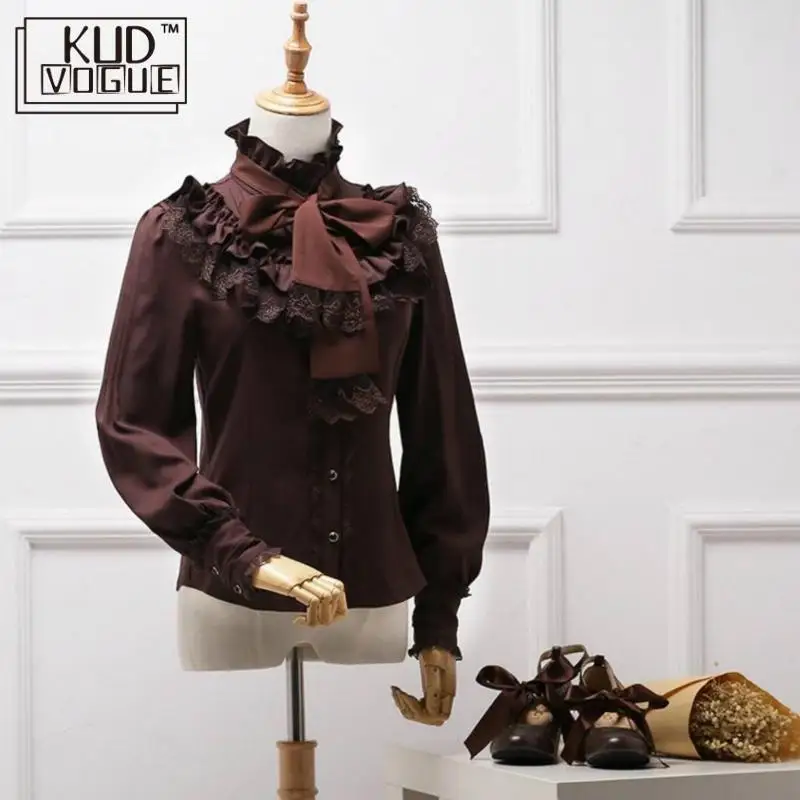 Camicia Vintage in Chiffon Lolita camicetta per donna manica lunga colletto alla coreana elegante cintura gotica femminile pizzo ragazza rosso nero
