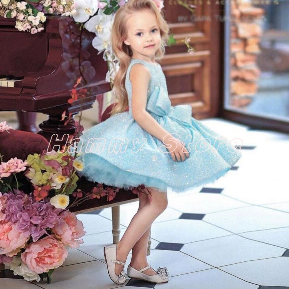 Lovely Light Blue Flower Girl Dress O Neck Sleeveless Sequin Ball Gown Party Dresses for Girls Big Bow Pageant Gowns