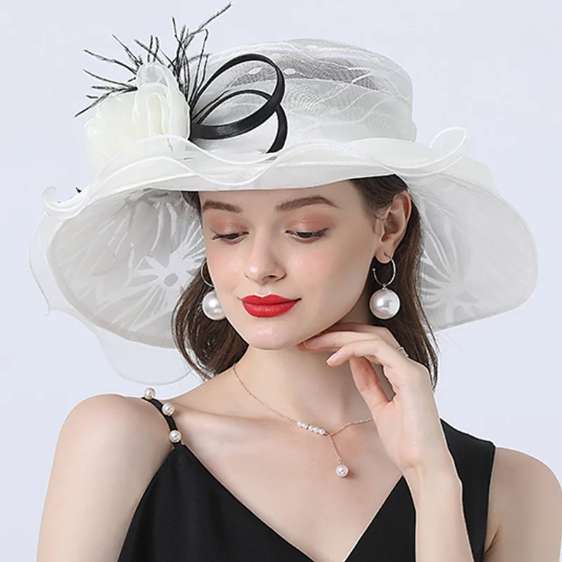 Women Summer Church Hat Organza Wide Brim Sun Hat Ladeis Fascinator Hat for Kentucky Derby Wedding Bridal Hat Dress Party Hat