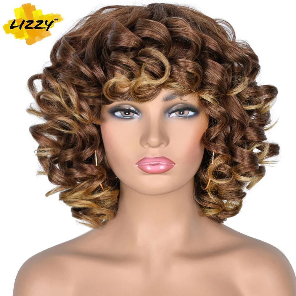 

Short Hair Afro Curly Wig With Bangs Dark Brown Synthetic Cosplay Loose Fluffy Shoulder Length Natural Wigs For Black Women 14"