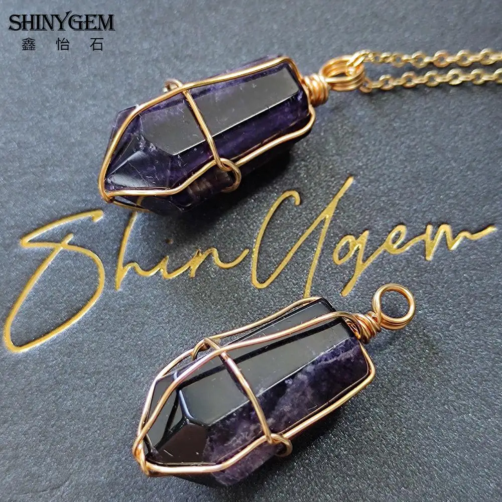 

Shinygem Baroque Natural Crystal Pendant Necklace 14K Electroplated Gold Wire Handmade Indefinite Shape Amethyst Fashion Ornamen