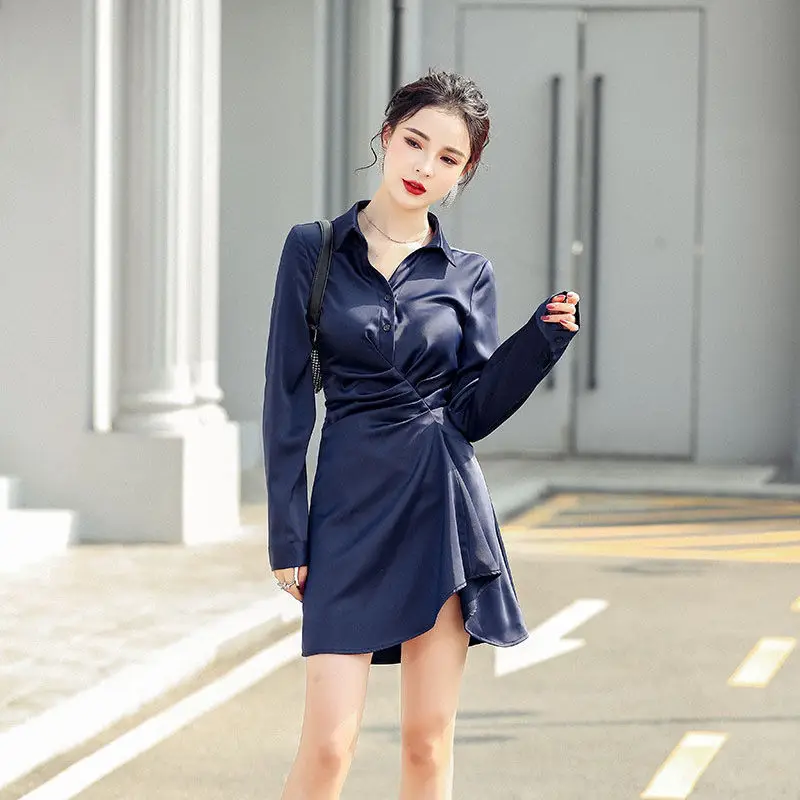 Women Sexy Mini Long Sleeve Shirt Dress Female Irregular Ruffles Satin Finish Dresses Office Lady Chic Breasted Business Vestido