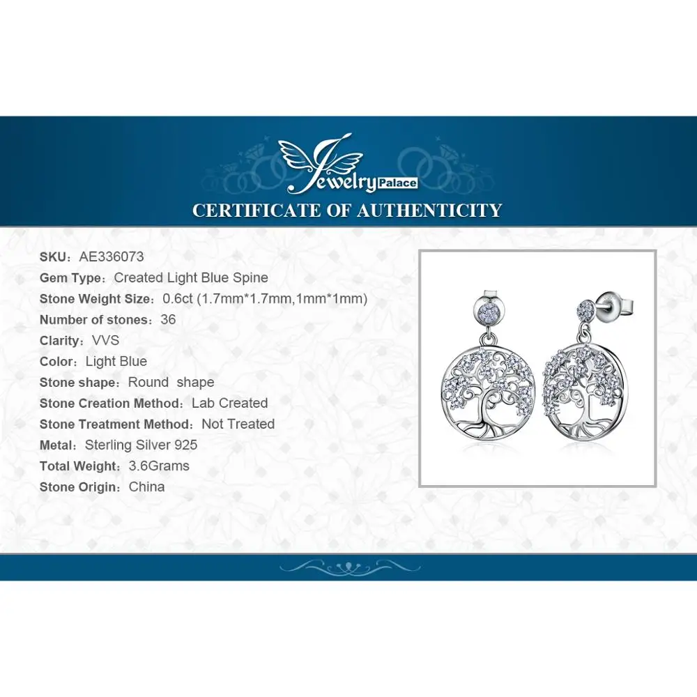 JewelryPalace Life Tree Created Blue Spinel 925 Sterling Silver Dangle Drop Earrings for Women Gemstone Jewelry Anniversary Gift