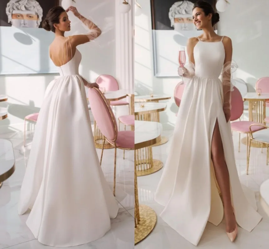 

White Chic Simple Prom Evening Dresses with High Slit Thinner Straps Sleeveless Bridal Party Gown Robe De Mariee