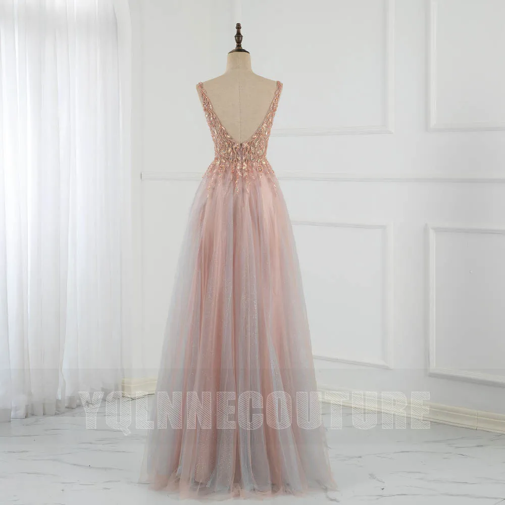 Sweet Pink Long Prom Dresses Sexy V Neck Contrast Color Tulle Beaded Sequins Backless Formal Party Gown