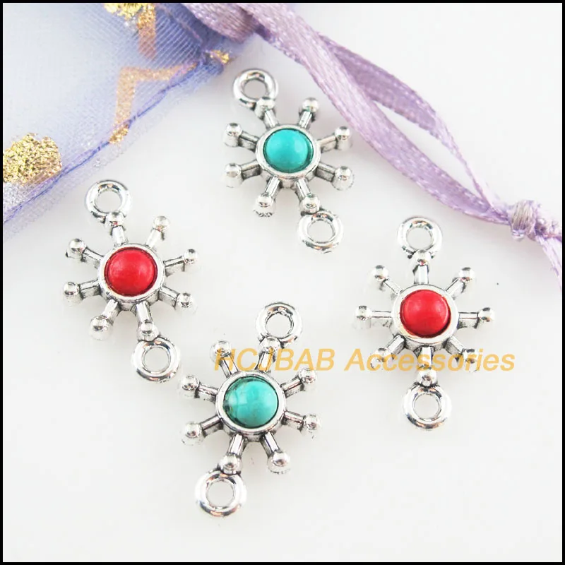 15Pcs Retro Tibetan Silver Tone Sun Flower Blue&Red Stone Charms Connectors 13.5x21mm