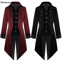 Men Medieval Costume Victorian Black Red Retro Patchwork Jacket Steampunk Trench Tuxedo Tailcoat Jacket Coat Gothic Overcoat