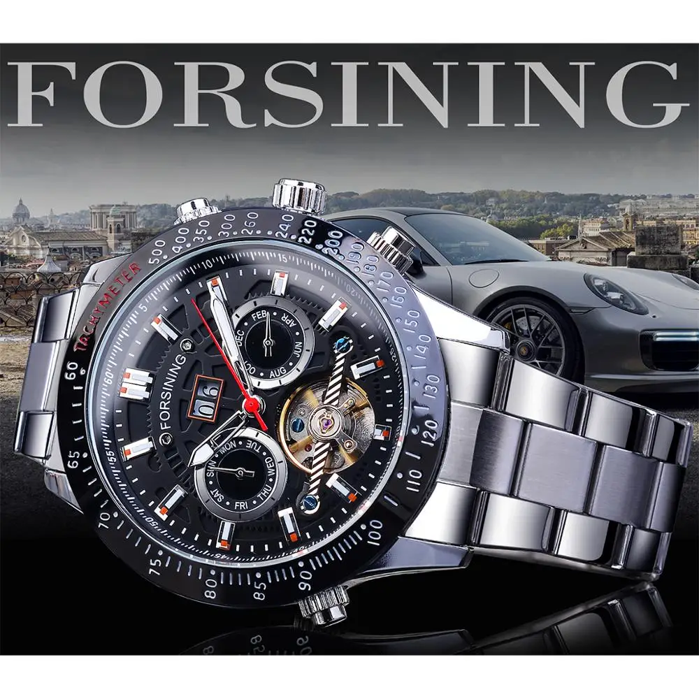 Forsining Tourbillion Design Silver Steel Mens Automatic Sport Mechanical Wrist Watches Top Brand Luxury Male Clock Relogio