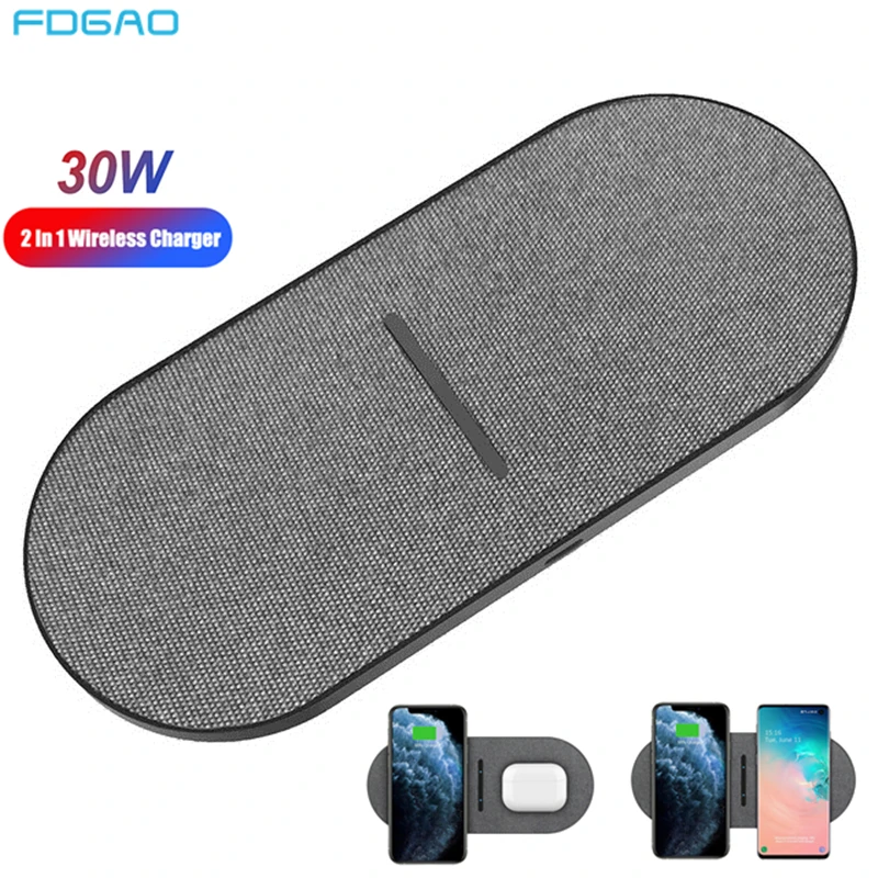 FDGAO 30W 2 in 1 Dual Seat Wireless Charger for iPhone 15 14 13 12 11 XS XR X Airpods Pro Samsung S23 S22 S21  Fast Charging Pad