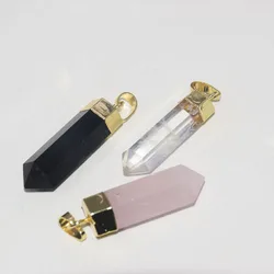Hot Sale hexagonal Natural Clear Rose Crystal Stone pendant for women 2023 Jewelry Charms Gold Plated Cap long Pendulum big 5pc