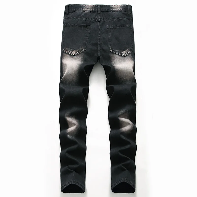 Biker Jeans Men's Black Stretch Straight Slim Fit Ripped Distressed Streetwear Denim Pants Casual Retro Male Trousers Hip Hop