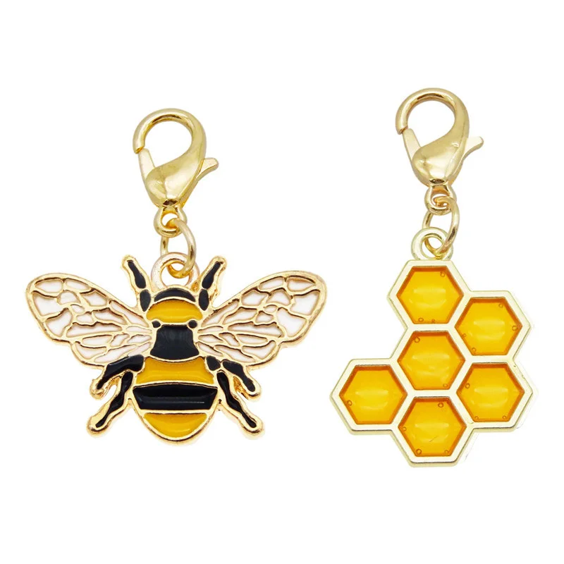 4PCS Bees Charms Honeycomb DIY Keychain Pendant Earring Jewelry Enamel Dangle Necklace Pendant With Lobster Clasp Alloy New