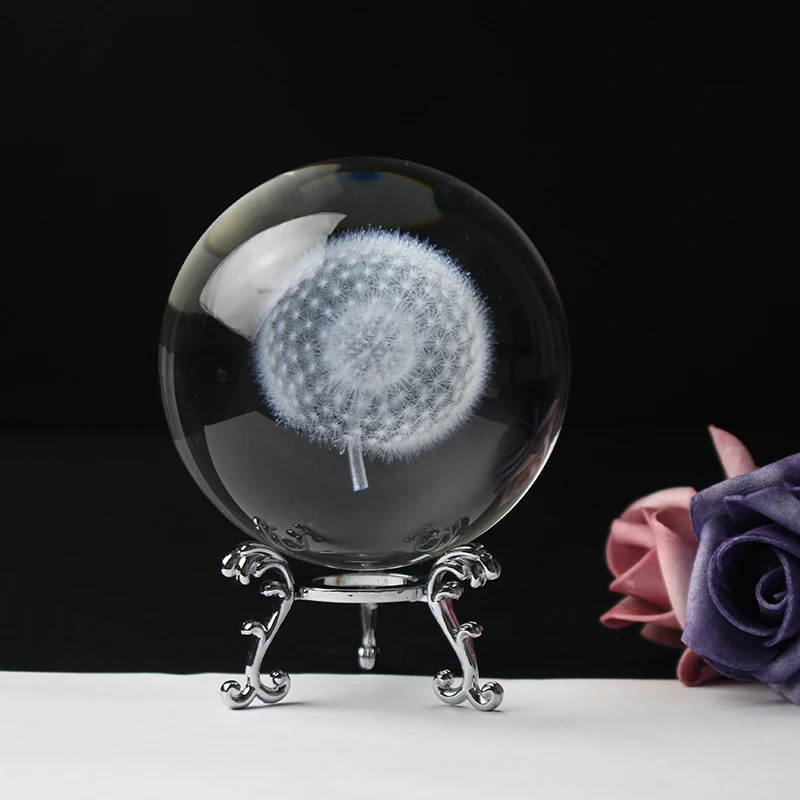 

FengShui Crystal Home Decor 3D Laser Engraving Crystal Dandelion Ball Glass Sphere Global Home Ornament Accessory Christmas Gift