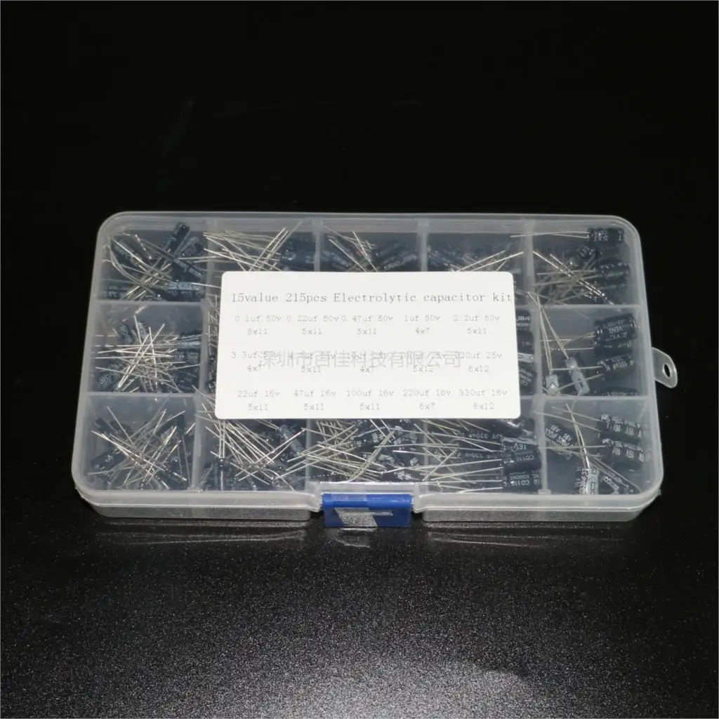 215pcs 15 specifications of 16v/25V/50v(0.1uF - 330uf) hybrid electrolytic capacitor packages