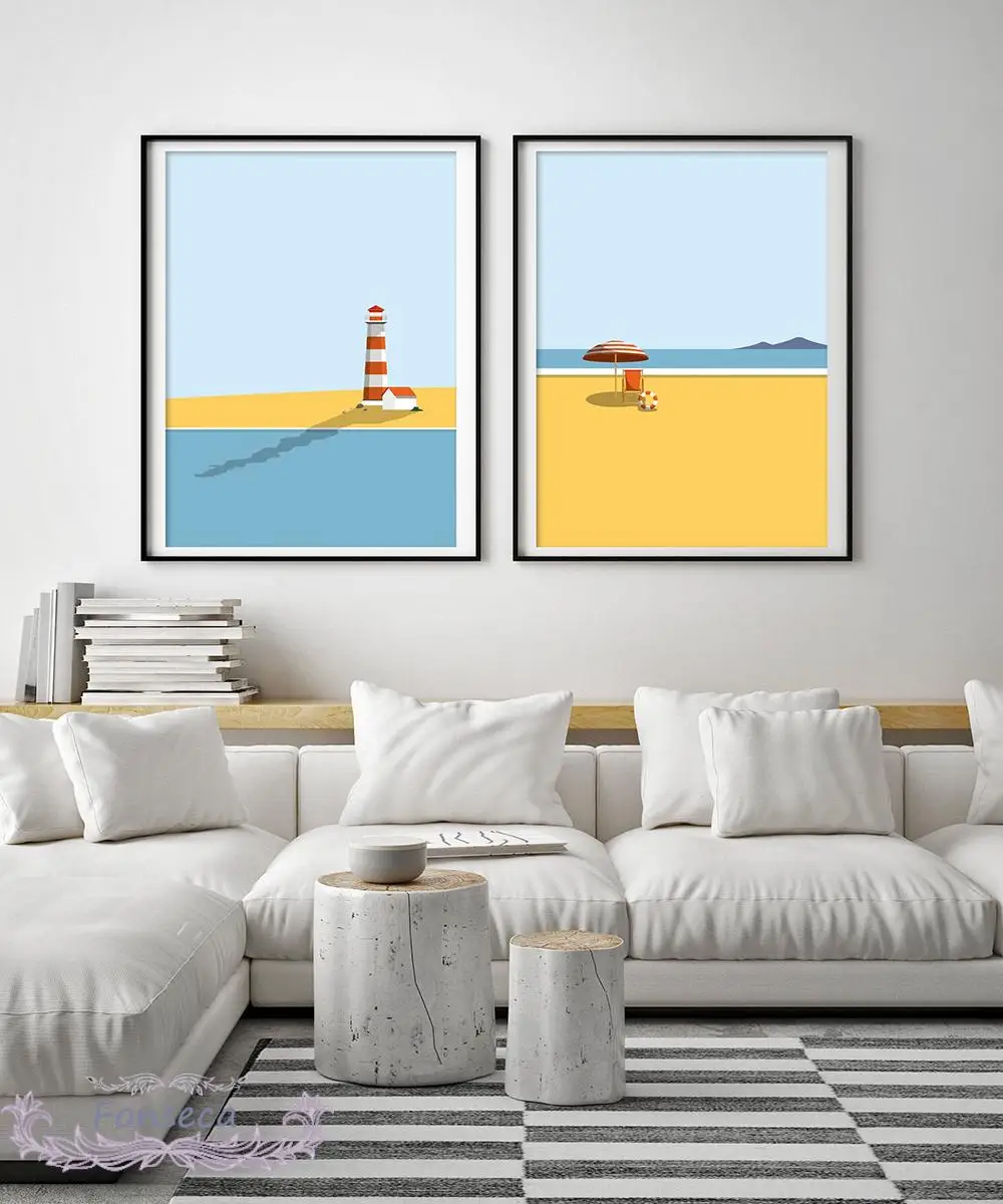 Scandinavian Style Minimalist Seascape Poster Coastal Sunny Beach Lighthouse Scenery Canvas Painting Modern Aesthetic Room Decor