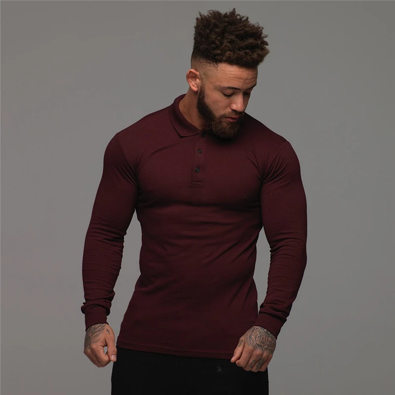 Running Quick dry Polo T-shirt Men Gym Sport Skinny Long Sleeve Tee Shirt Male Fitness Bodybuilding Workout Tops Clothing