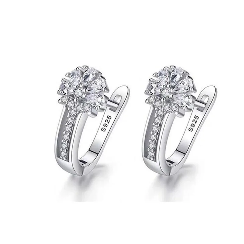 NEW  U Type Zircon Earrings silver color Jewelry For Women Girl Pendientes Plata Brincos Button with S925 stamp Earrings