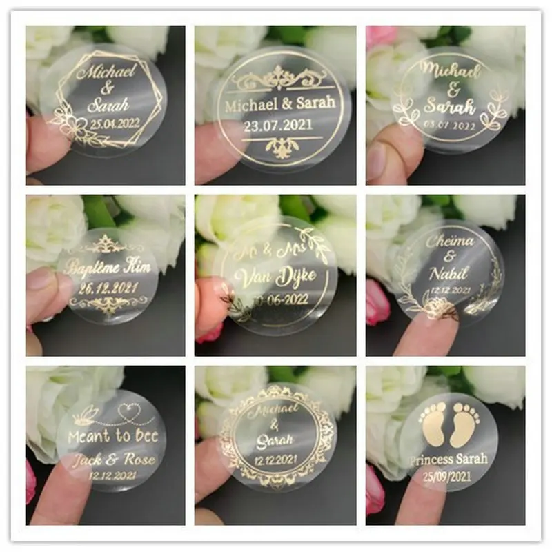 50PCS Custom Sticker and Customized Gold Wedding Birthday Baptism Stickers Personalize Stickers Size 4CM