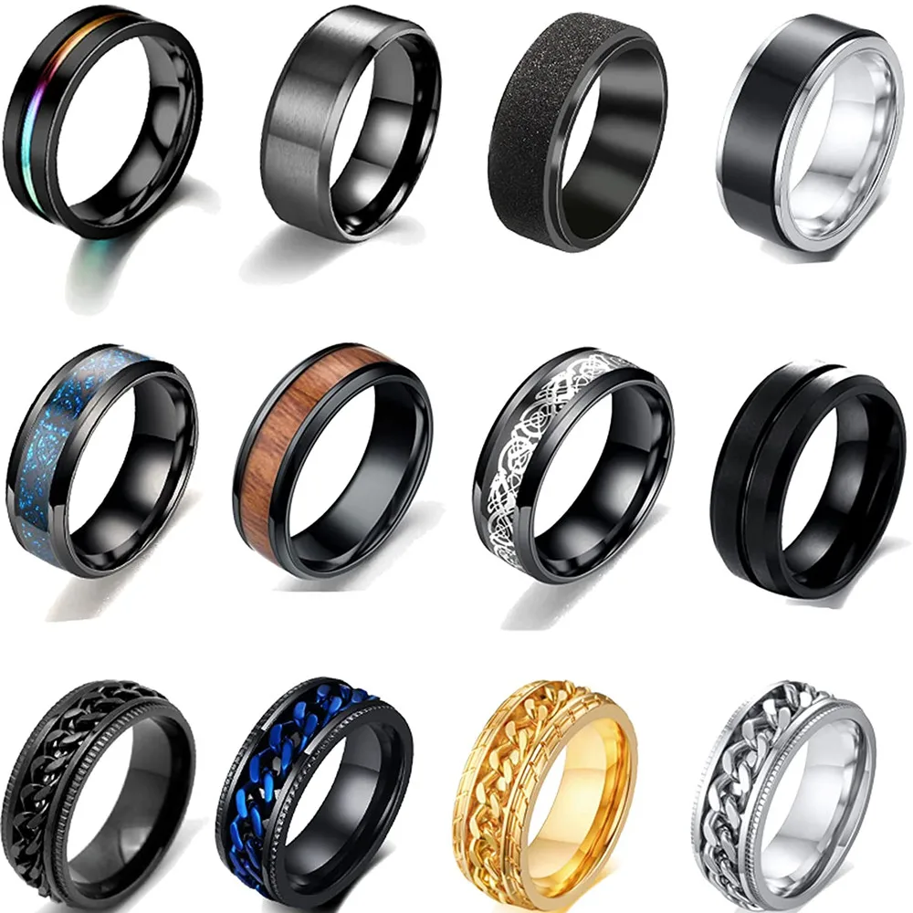 Fashion Stainless Steel Anxiety Rings Men Women Rotating Chain Anti Stress Rings Blue Dragon Carbon Fiber Rings Men's Wedding Ri