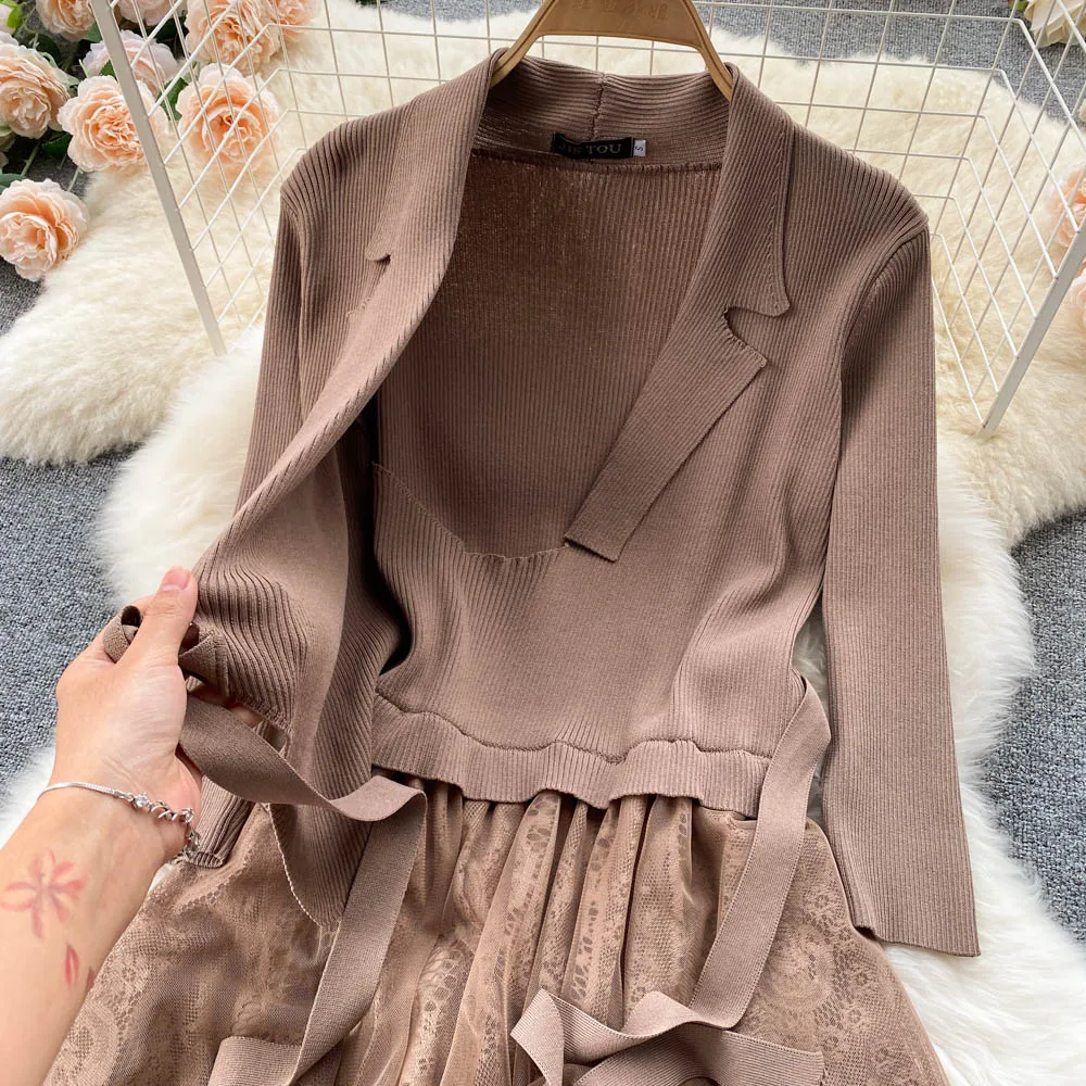 C509 Women New Fashion Autumn Winter Knitted Long Sleeve Dress Stitched Mesh Lace Up Waist Solid Color Casual Clothes Vestidos