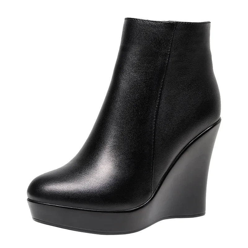 

Womens Genuine Leather High Wedge Heels Pointed Toe Ankle Riding Boots Shoes Platform Black Motorcycle Punk Zip 2023