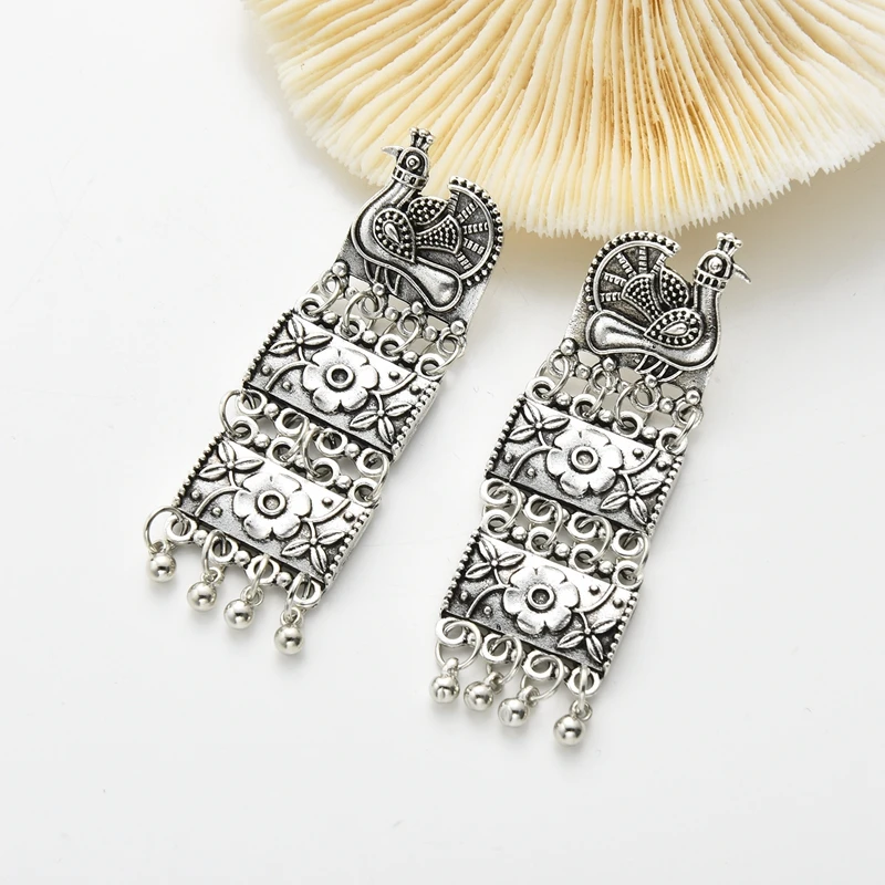 Vintage Peacock Earrings Ethnic Silver Color Three-layer Carved Indian Earrings For Women Exaggerated Tribal Jewelry Orecchini