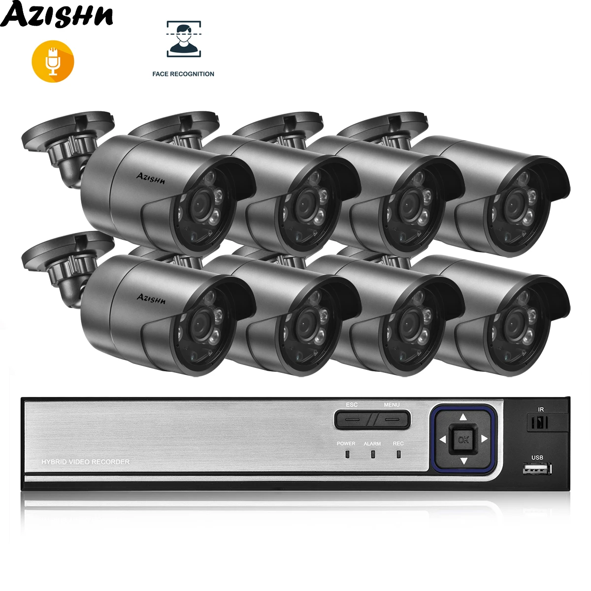 

AZISHN Face Detection 8CH POE NVR CCTV System Kit HD 5MP H.265 Audio Waterproof Bullet IP Camera Home Security Surveillance Set