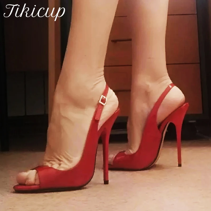 Tikicup Plus Size 38-48 Women13cm High Heel Peep Toe Patent Slingbacks Sandals Sexy Crossdressing Stilettos Pumps Chic Shoes