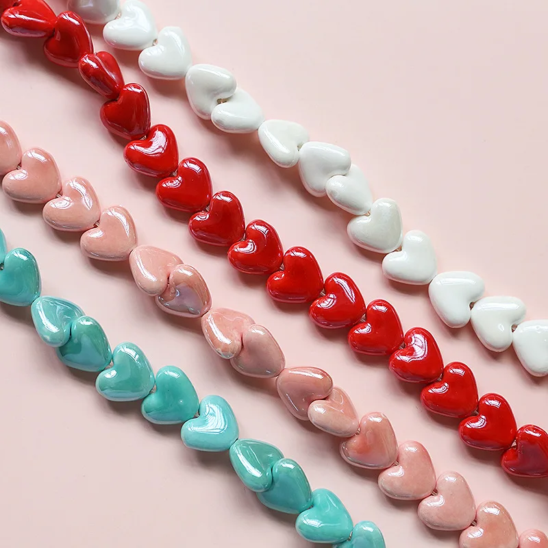 20pcs 15x13mm Heart Shape Ceramic Beads Red/Green/Pink/White/Blue/Yellow/Purple Color Loose Spacer Bead For Jewelry Making DIY