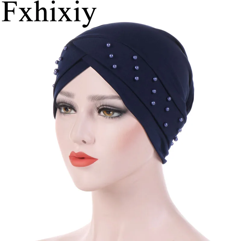 

Muslim Women Solid Silky Cross Cotton Bead Turban Hat Chemotherapy Cancer Chemo Beanies Cap Hijab Headwear