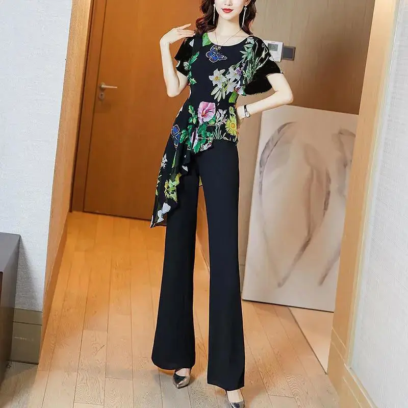 Suit Female Fashion Summer Pantsuits 2 Piece Woman Set Elegant Chiffon Print Irregular Top & Flare Pants Office Lady Clothes